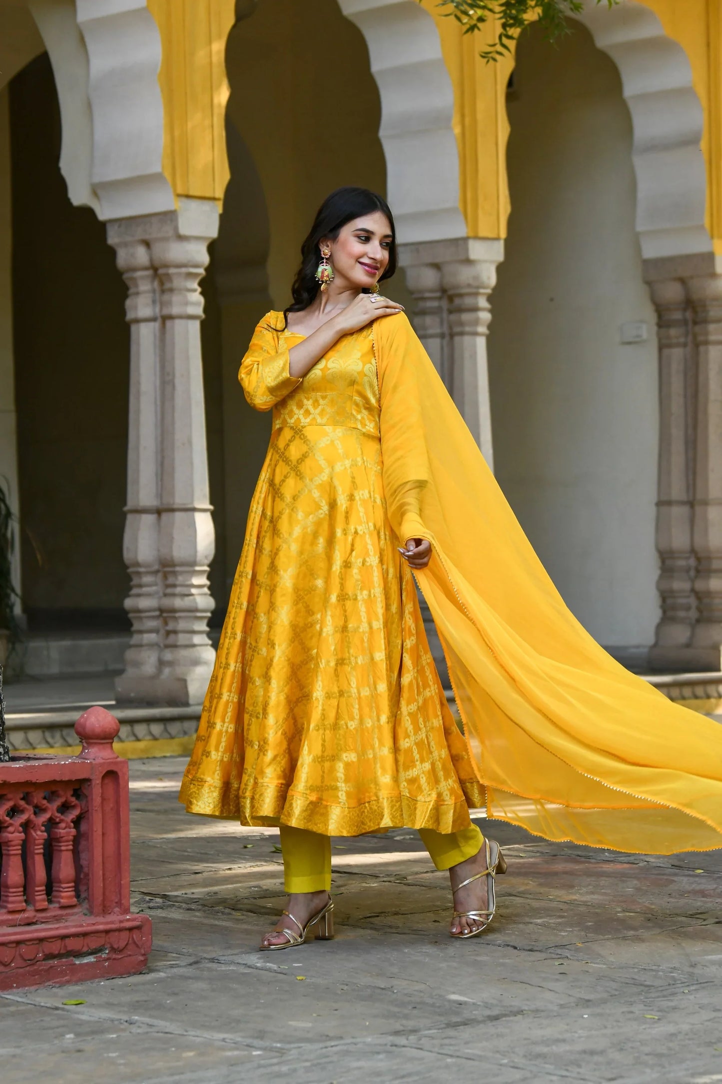 Women's Yellow Anarkali Suit Set- (3Pcs)