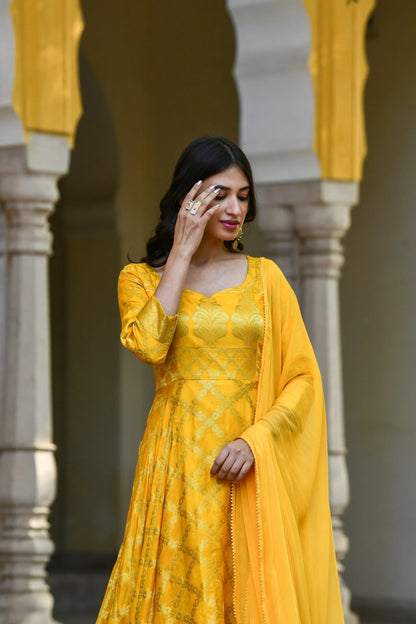 Women's Yellow Anarkali Suit Set- (3Pcs)