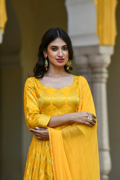 Women's Yellow Anarkali Suit Set- (3Pcs)