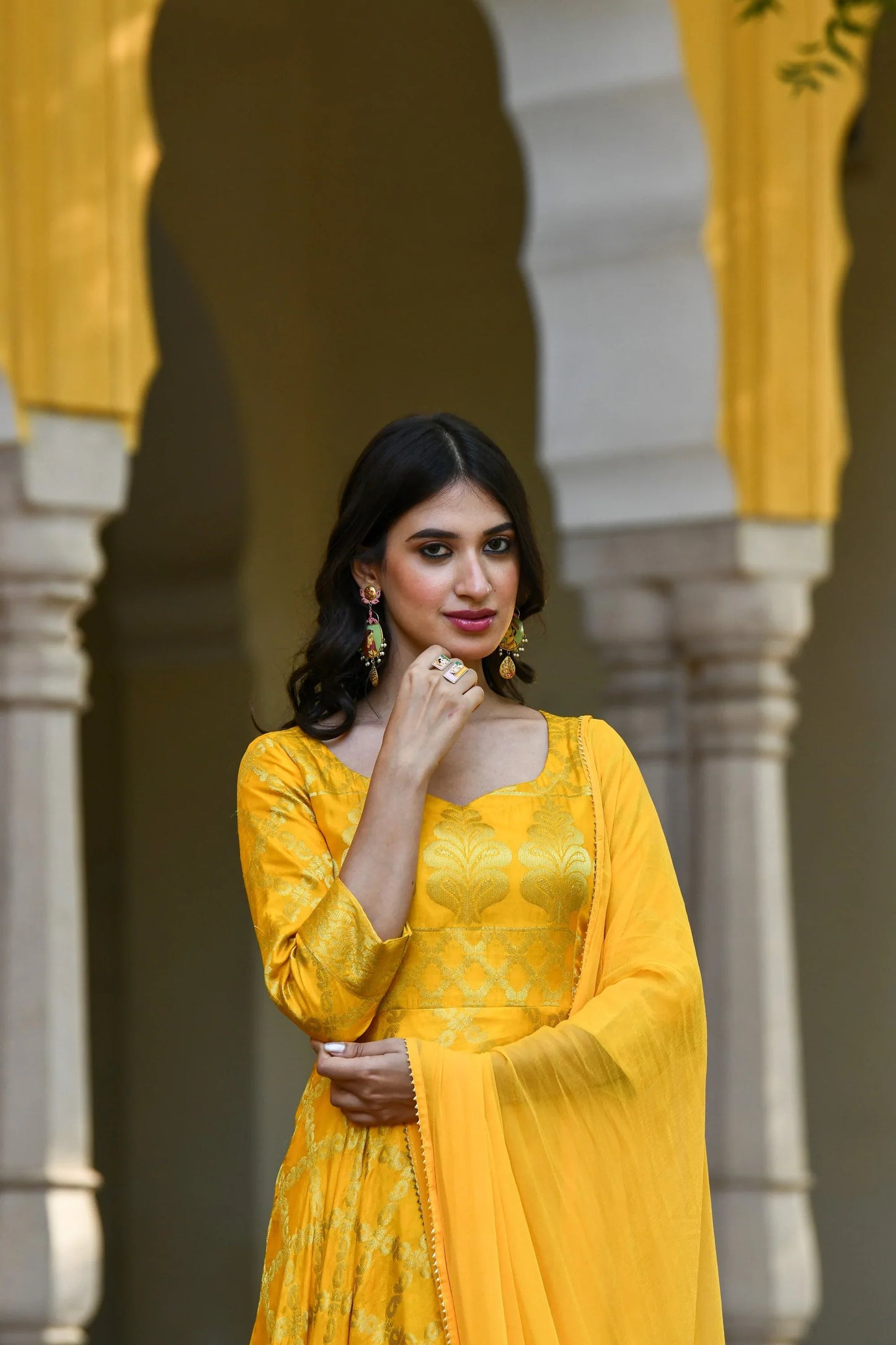 Women's Yellow Anarkali Suit Set- (3Pcs)