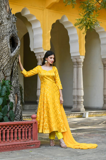 Women's Yellow Anarkali Suit Set- (3Pcs)