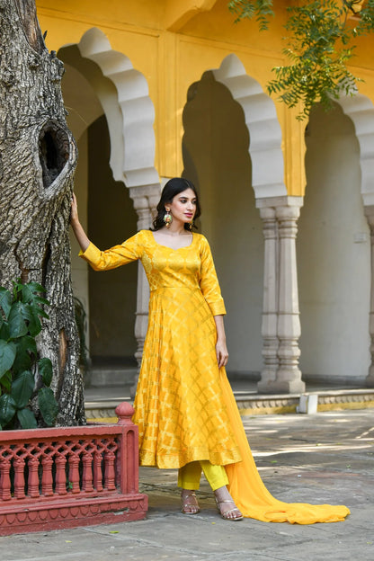 Women's Yellow Anarkali Suit Set- (3Pcs)