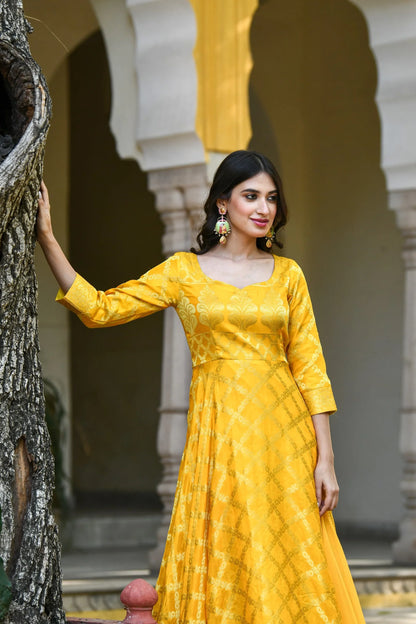 Women's Yellow Anarkali Suit Set- (3Pcs)