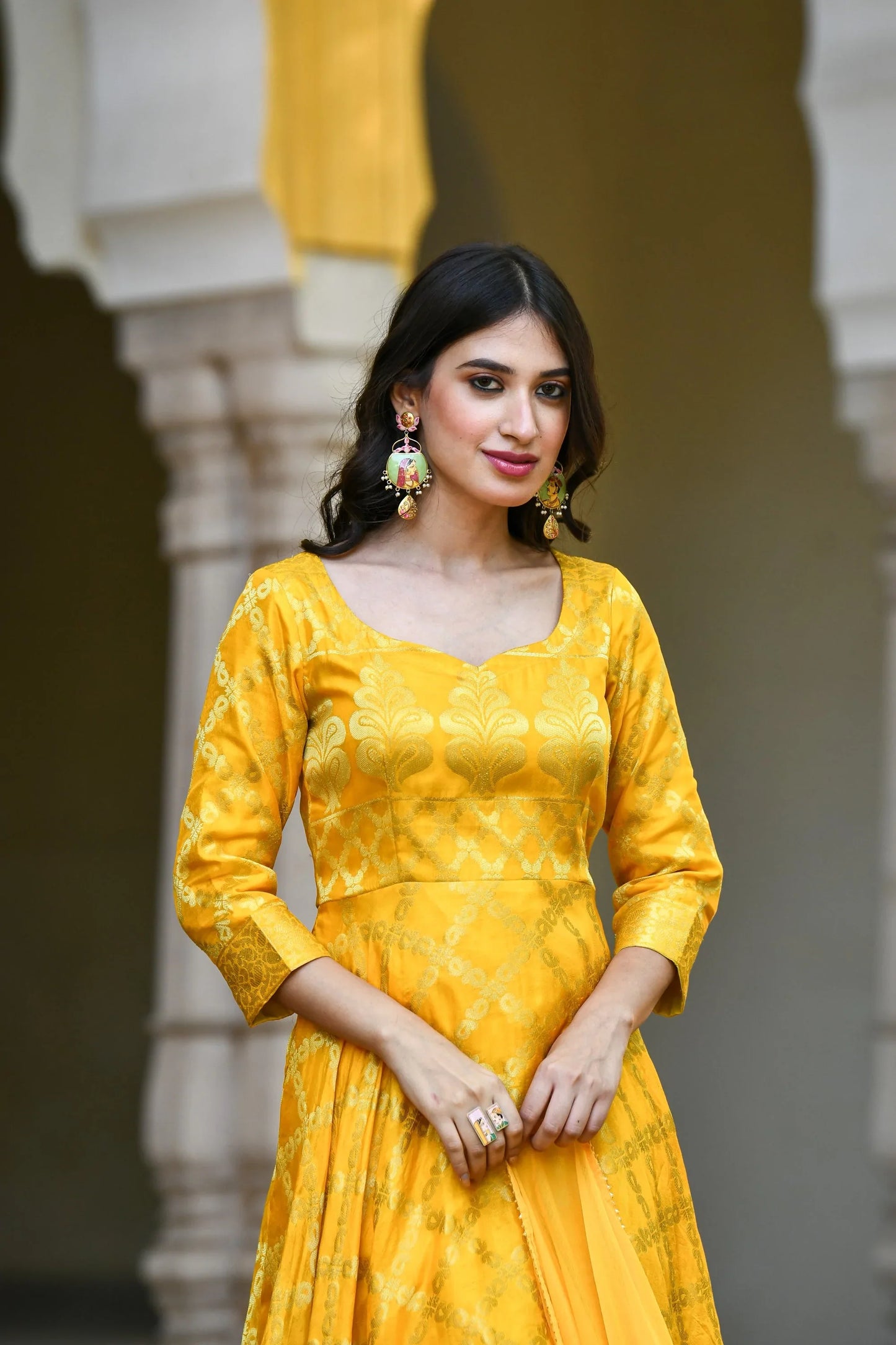 Women's Yellow Anarkali Suit Set- (3Pcs)