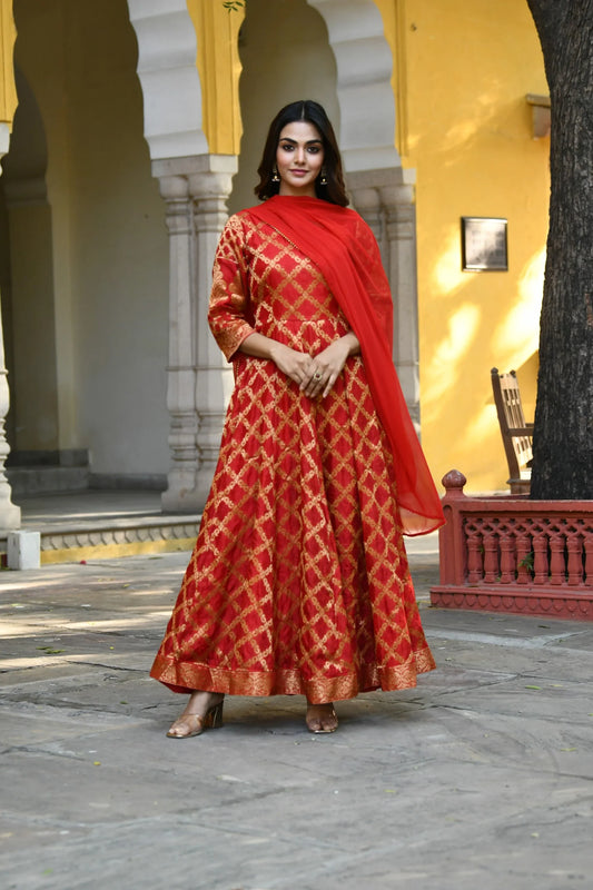 Women's Anarkali Red Gown With Dupatta - (2Pcs)