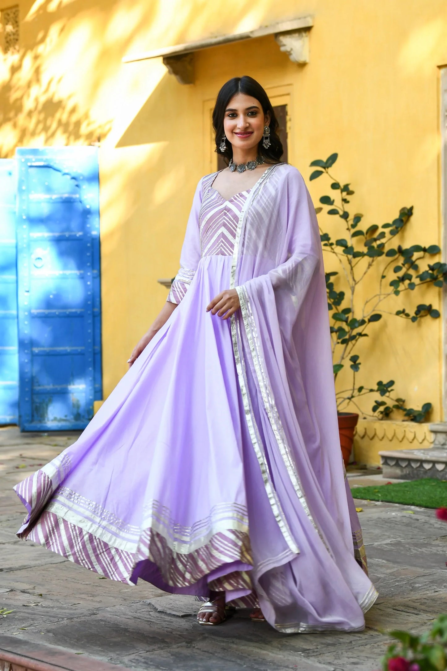 Women's Lavender Silk Anarkali Gown - (2Pcs)