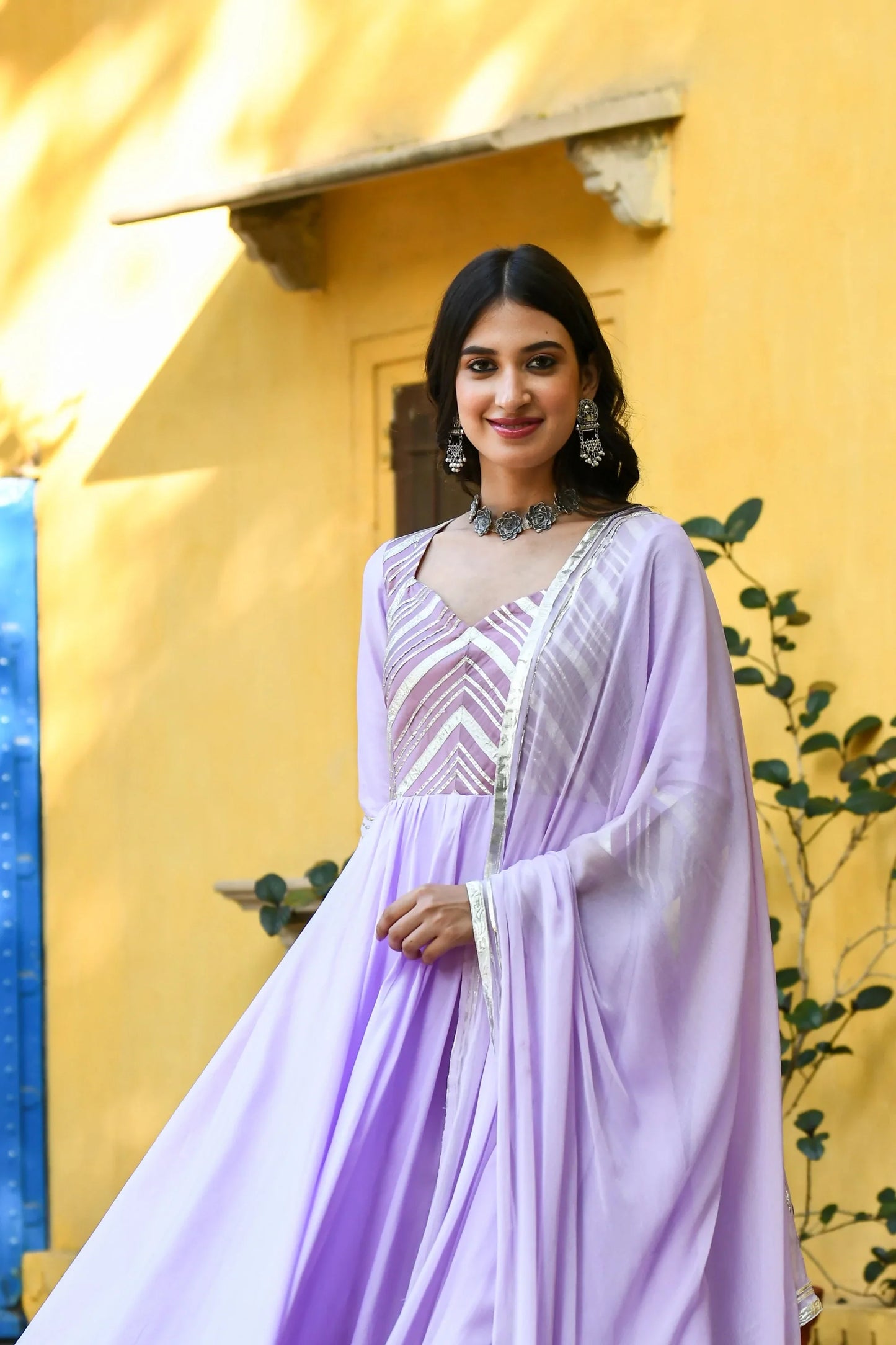 Women's Lavender Silk Anarkali Gown - (2Pcs)