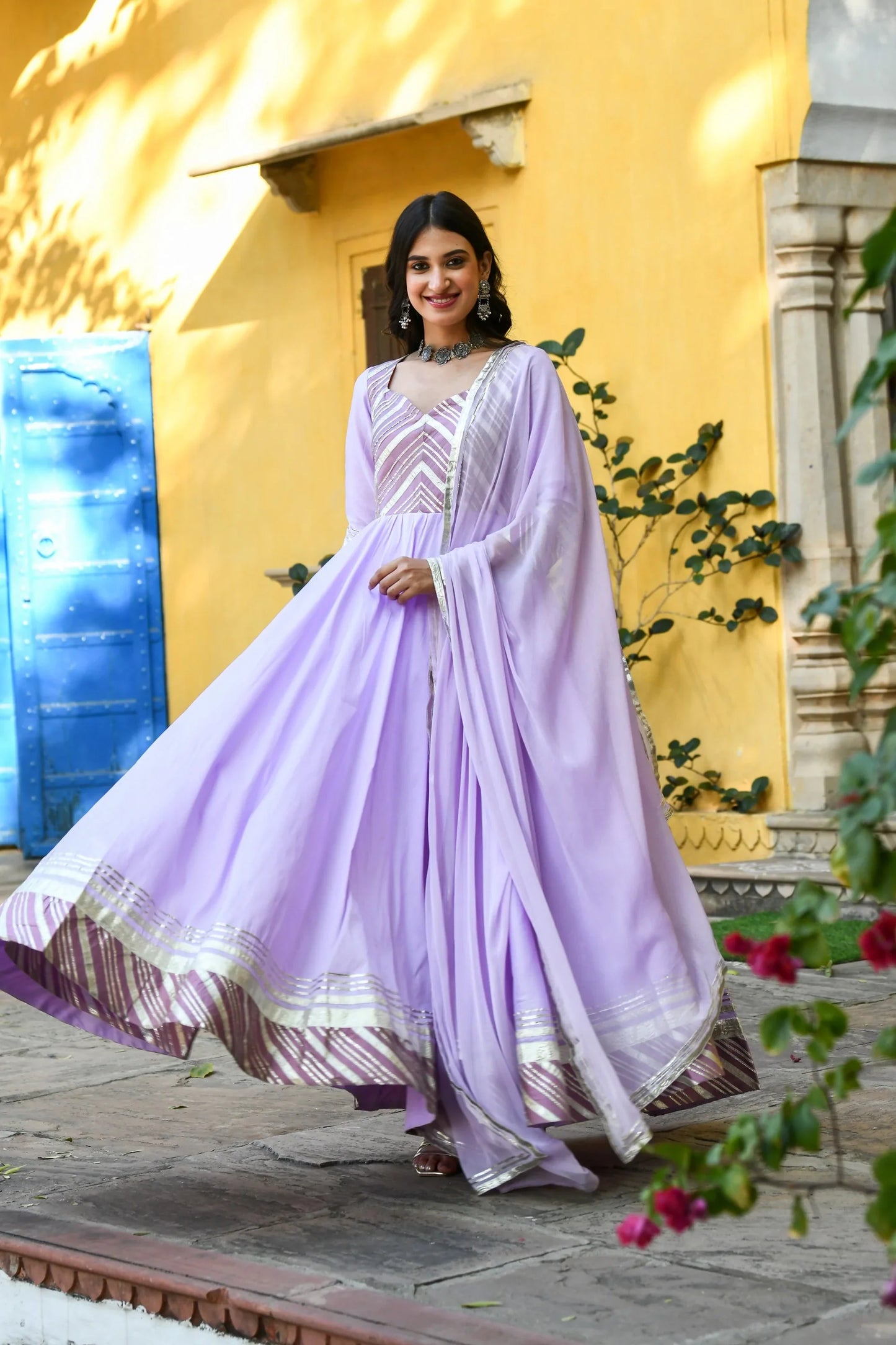 Women's Lavender Silk Anarkali Gown - (2Pcs)