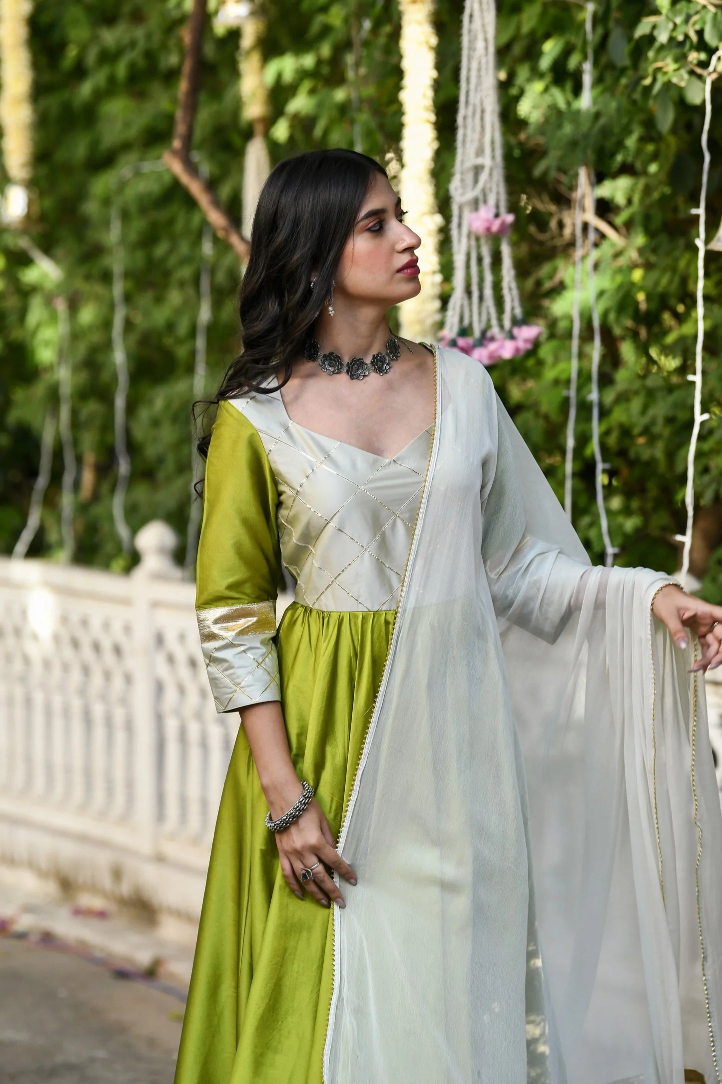 Women's White And Green Anarkali Gown- (2Pcs)