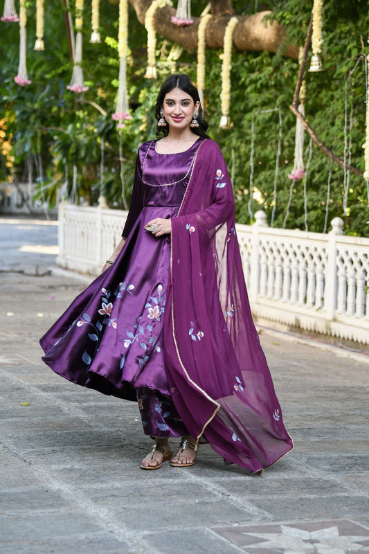 Women's Purple Anarkali Suit Set- (3Pcs)