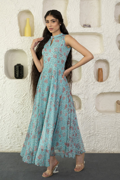 Women's Sky Blue Chiffon Block Printed Gown  (1 Pc Set)