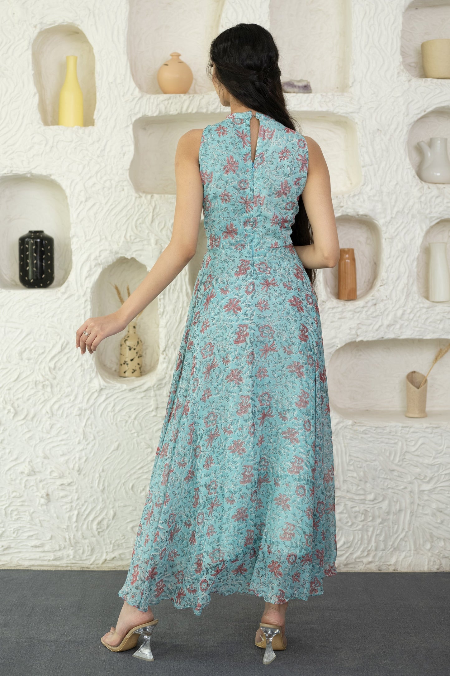 Women's Sky Blue Chiffon Block Printed Gown  (1 Pc Set)