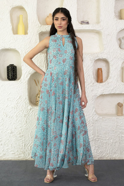 Women's Sky Blue Chiffon Block Printed Gown  (1 Pc Set)