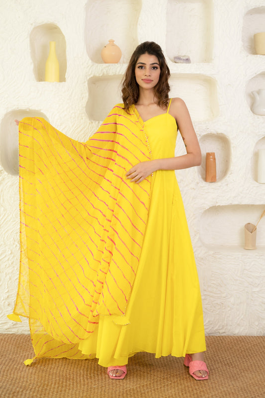 Women's Yellow Gown With Leheriya Dupatta