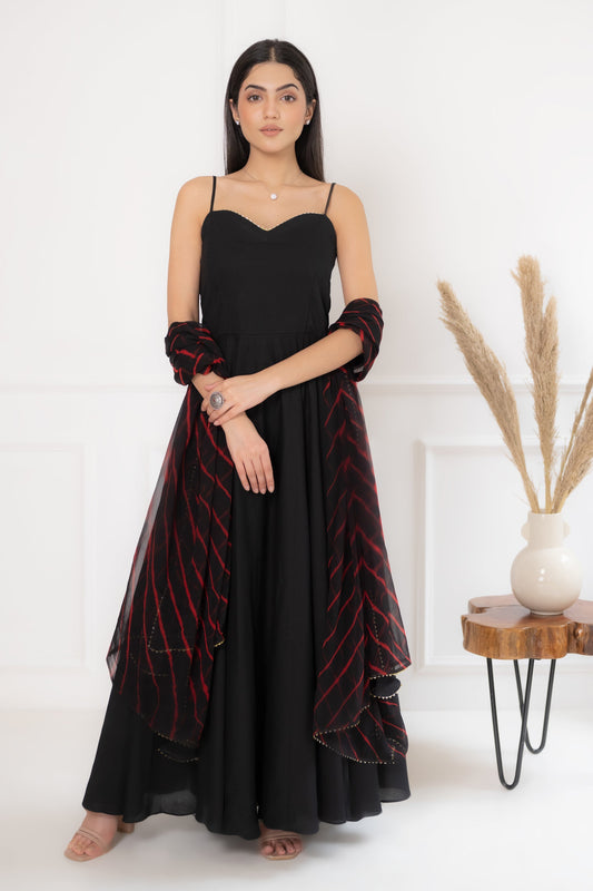 Women's Black Gown With Leheriya Dupatta