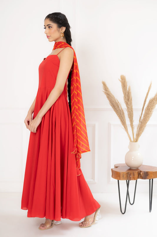 Women's Red Anarkali Gown With Leheriya Dupatta  (2 Pc Set)