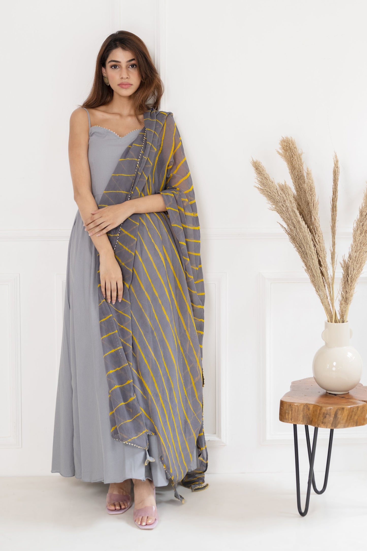 Women's Grye Gown With Leheriya Dupatta