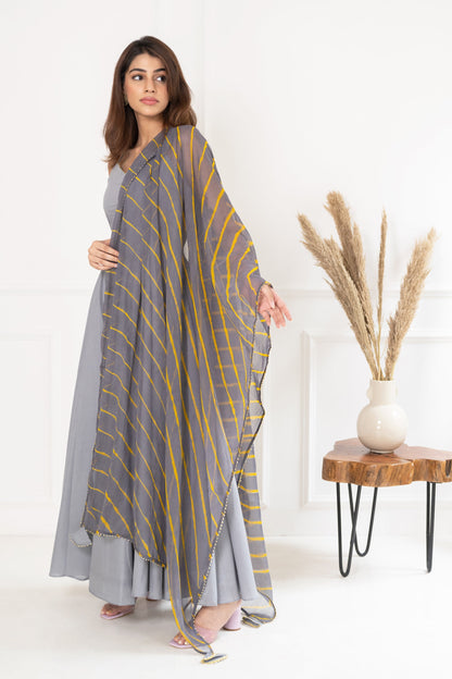 Women's Grye Gown With Leheriya Dupatta