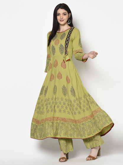 Women's Parrot Green Rayon Block print Anarkali Palazzo set