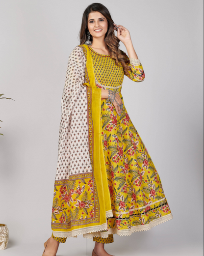 Women's Yellow Anarkali Kurta & Pant With Dupatta Set - (3Pcs Set)