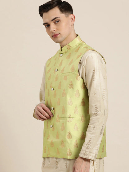 Men's Silk Blend Green & Gold Self Design Only Nehrujacket