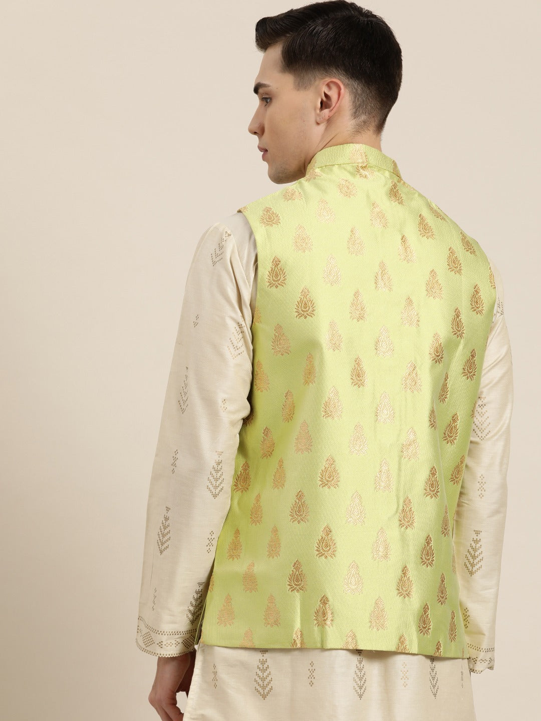 Men's Silk Blend Green & Gold Self Design Only Nehrujacket