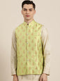 Men's Silk Blend Green & Gold Self Design Only Nehrujacket