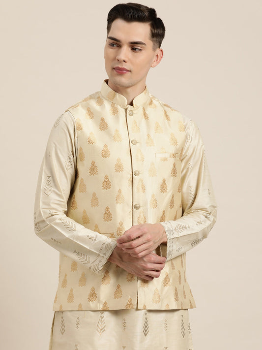 Men's Silk Blend Beige & Gold Self Design Only Nehrujacket