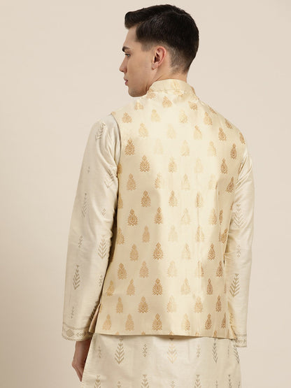 Men's Silk Blend Beige & Gold Self Design Only Nehrujacket