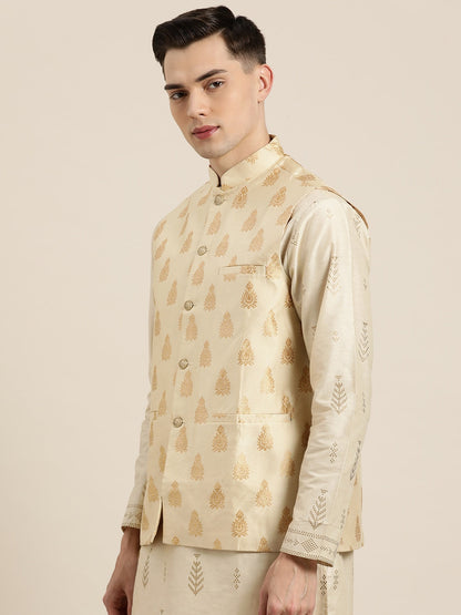 Men's Silk Blend Beige & Gold Self Design Only Nehrujacket