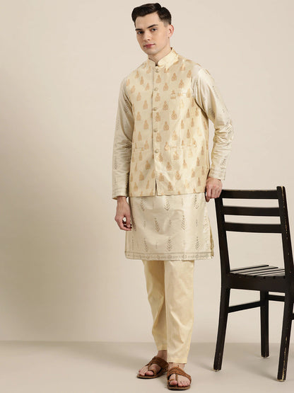 Men's Silk Blend Beige & Gold Self Design Only Nehrujacket