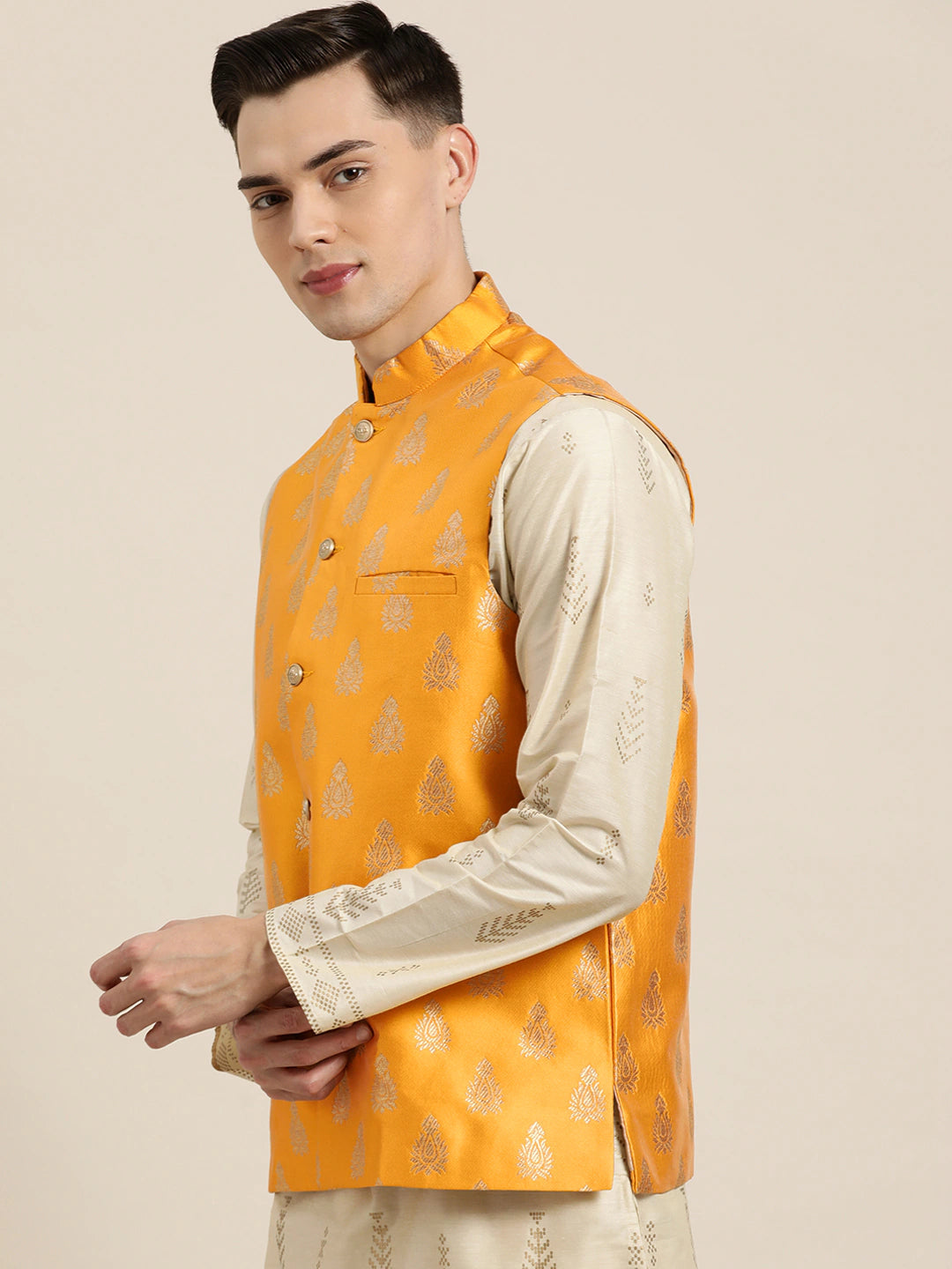 Men's Silk Blend Mustard & Gold Self Design Only Nehrujacket