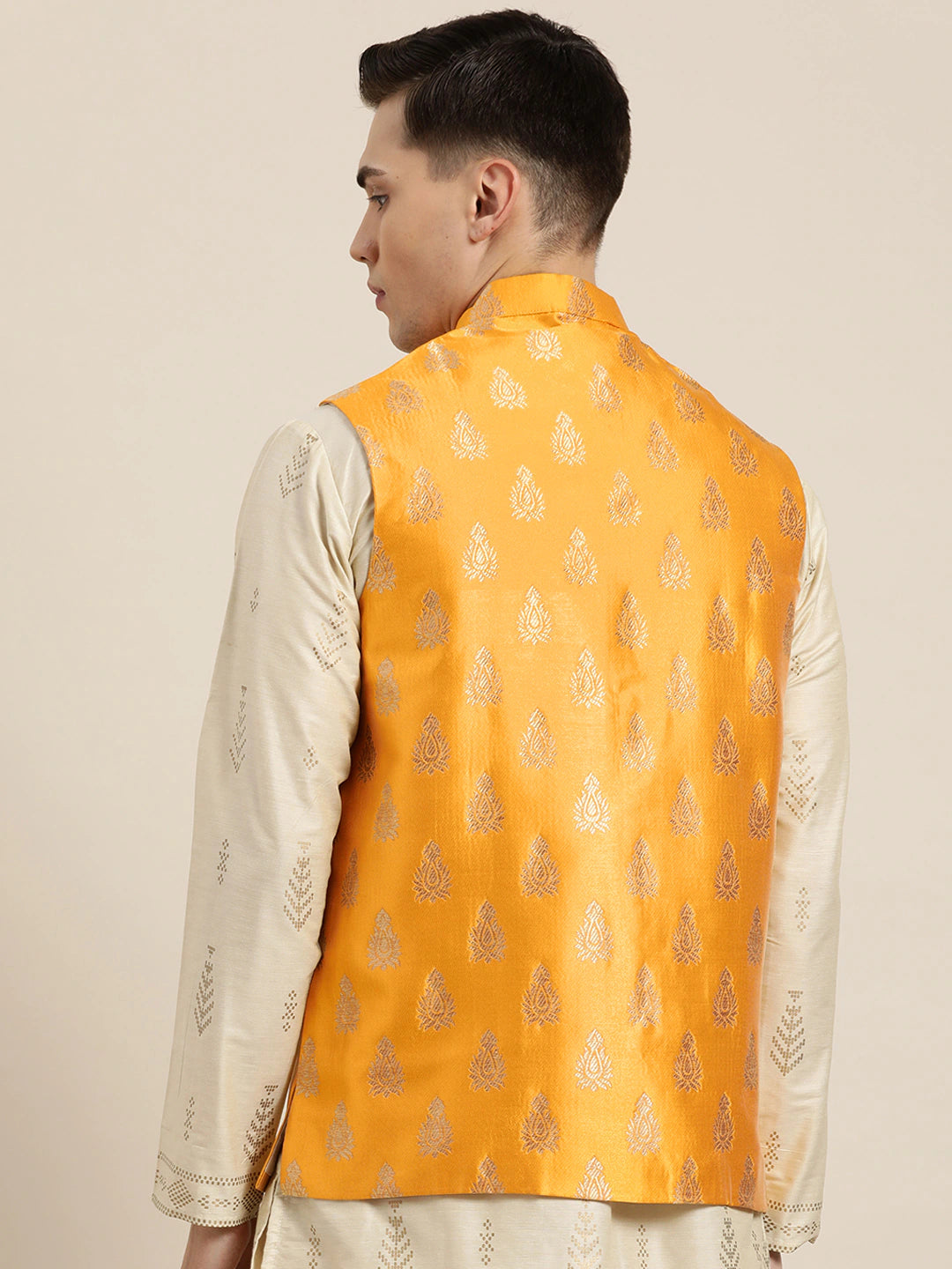 Men's Silk Blend Mustard & Gold Self Design Only Nehrujacket