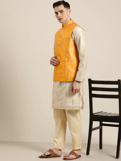 Men's Silk Blend Mustard & Gold Self Design Only Nehrujacket