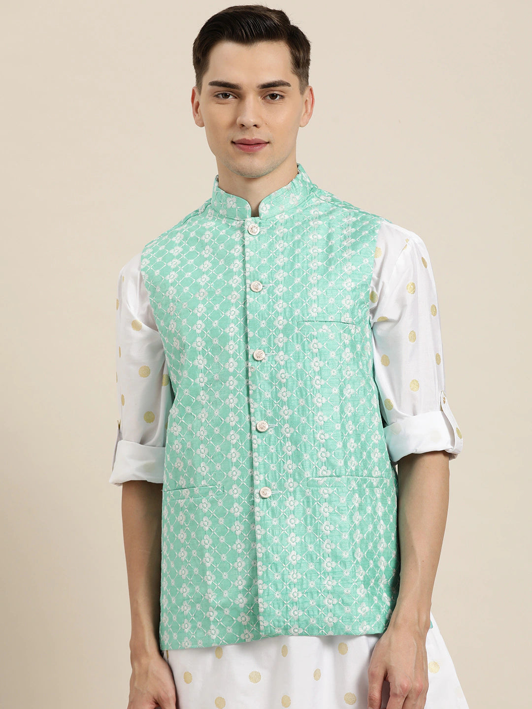 Men's Silk Blend Sea Green Embroidered Only Nehrujacket