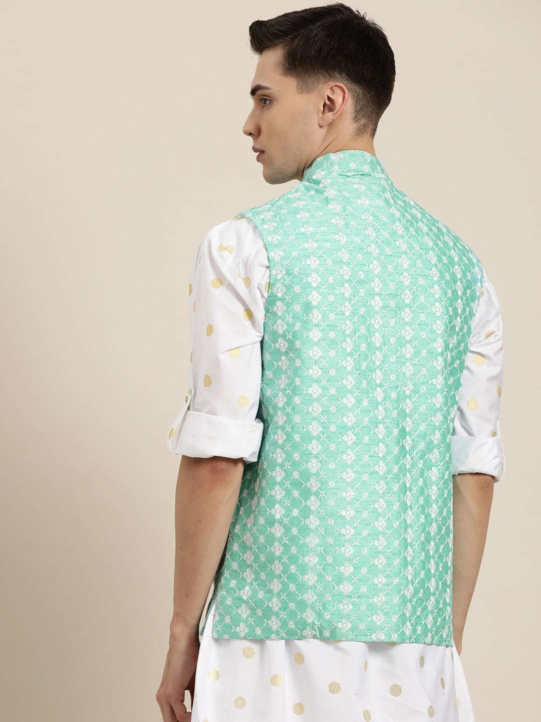 Men's Silk Blend Sea Green Embroidered Only Nehrujacket