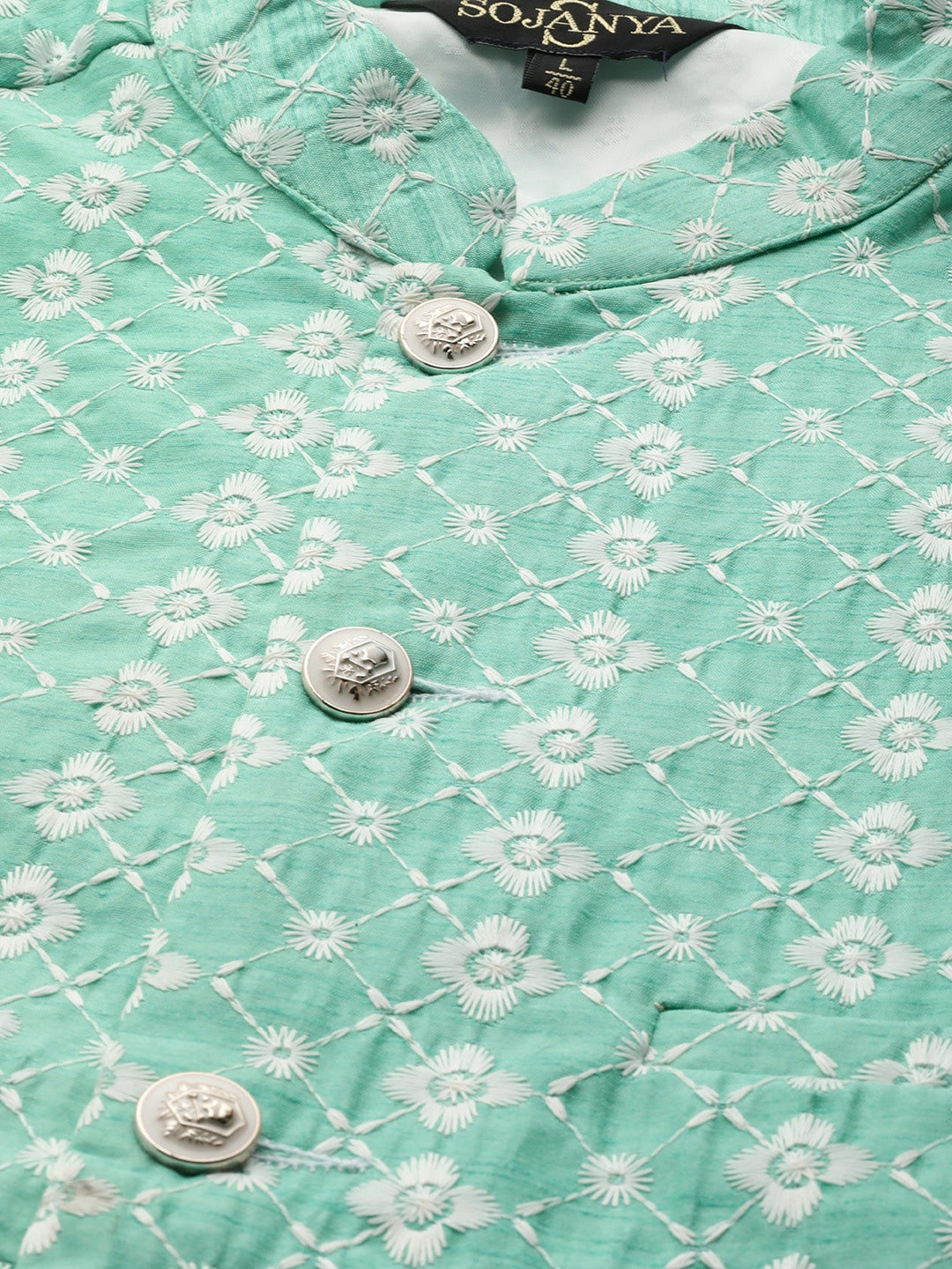 Men's Silk Blend Sea Green Embroidered Only Nehrujacket