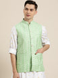 Men's Silk Blend Light Green Embroidered Only Nehrujacket