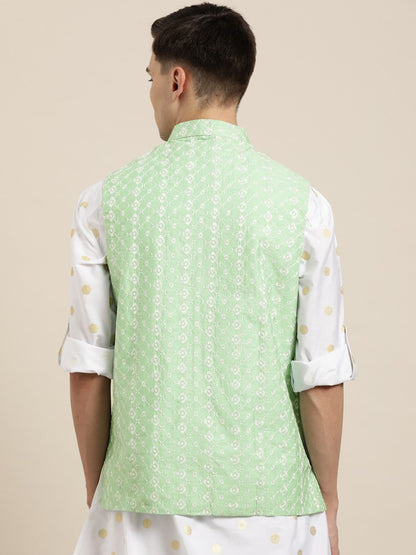 Men's Silk Blend Light Green Embroidered Only Nehrujacket