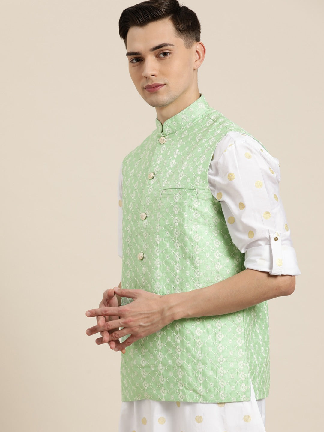 Men's Silk Blend Light Green Embroidered Only Nehrujacket