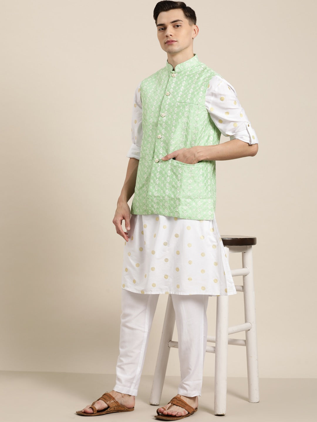 Men's Silk Blend Light Green Embroidered Only Nehrujacket