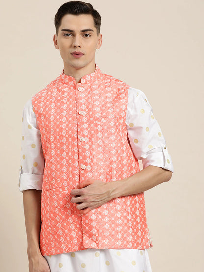 Men's Silk Blend Peach Embroidered Only Nehrujacket