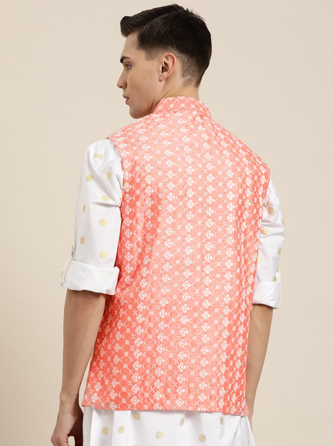 Men's Silk Blend Peach Embroidered Only Nehrujacket