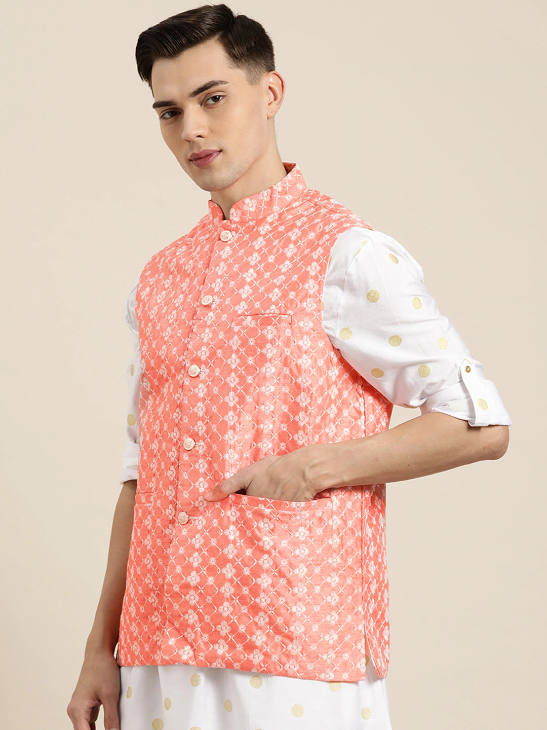 Men's Silk Blend Peach Embroidered Only Nehrujacket