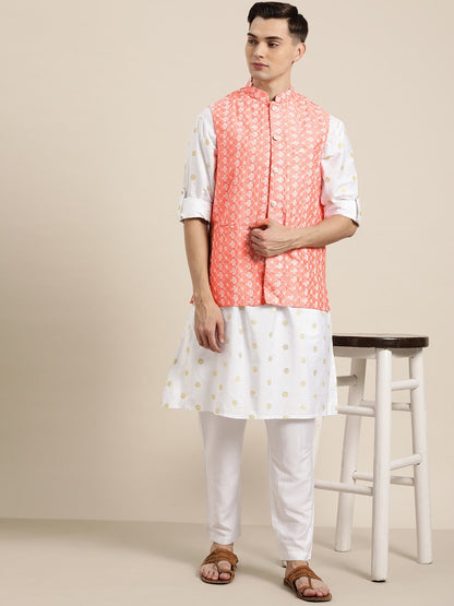 Men's Silk Blend Peach Embroidered Only Nehrujacket