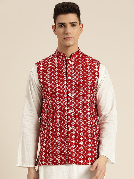 Men's Silk Blend Maroon Embroidered Only Nehrujacket