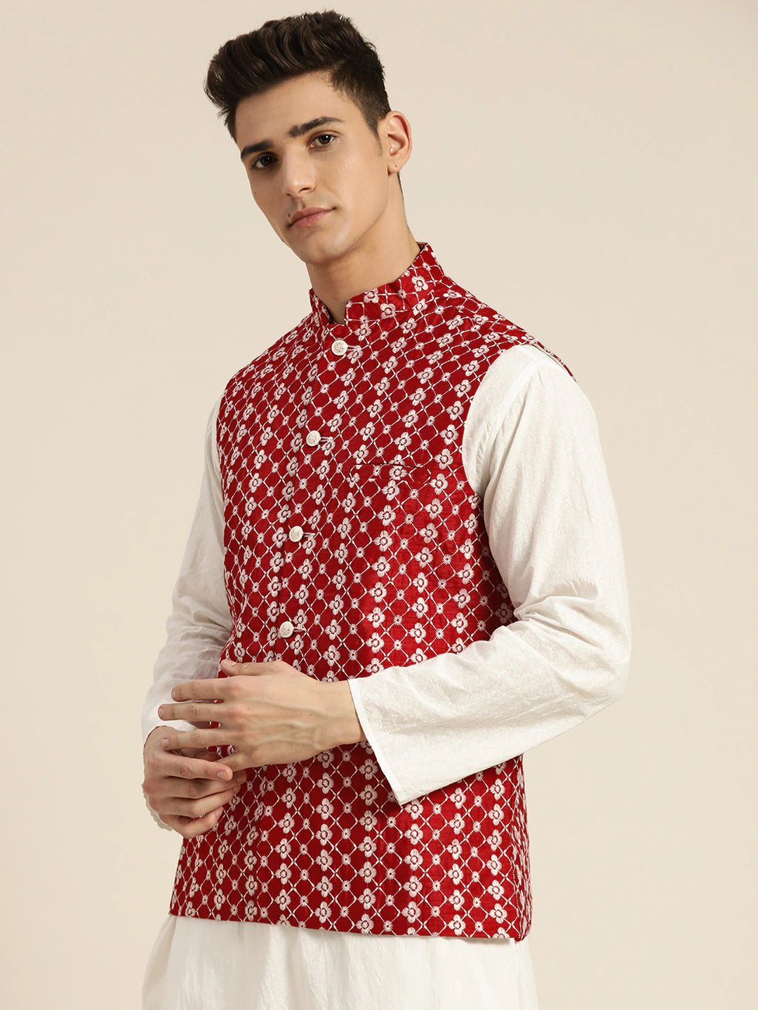 Men's Silk Blend Maroon Embroidered Only Nehrujacket