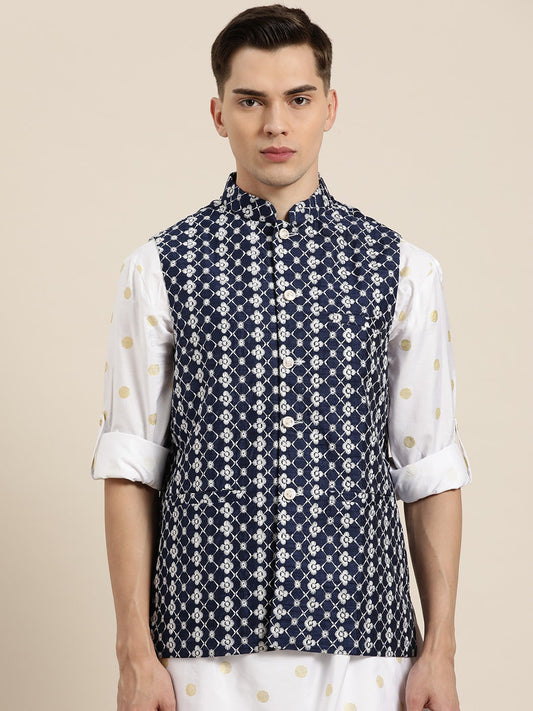 Men's Silk Blend Navy Blue Embroidered Only Nehrujacket