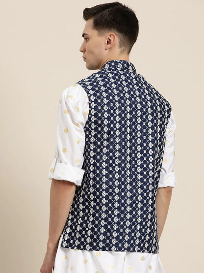 Men's Silk Blend Navy Blue Embroidered Only Nehrujacket