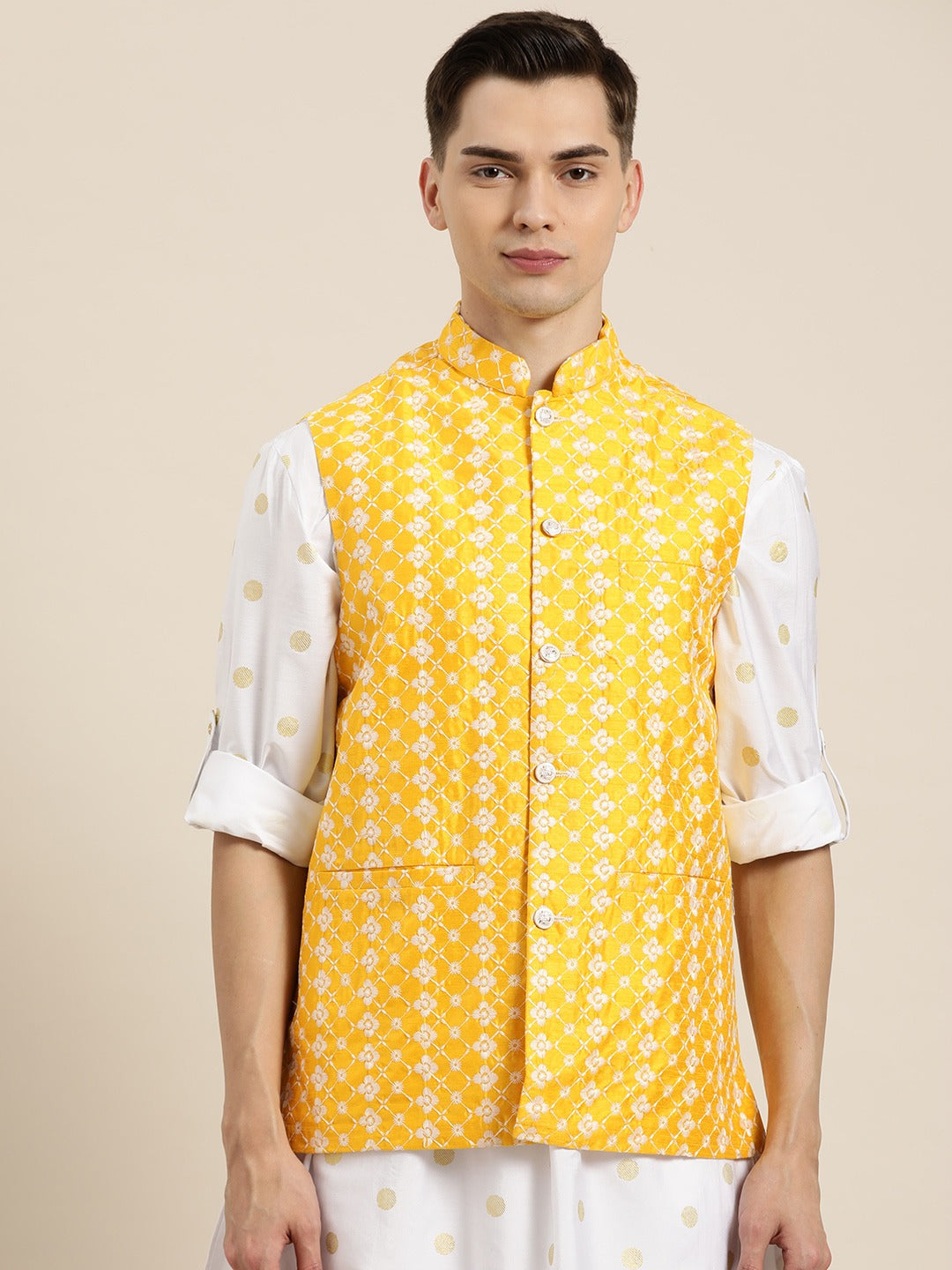 Men's Silk Blend Yellow Embroidered Only Nehrujacket